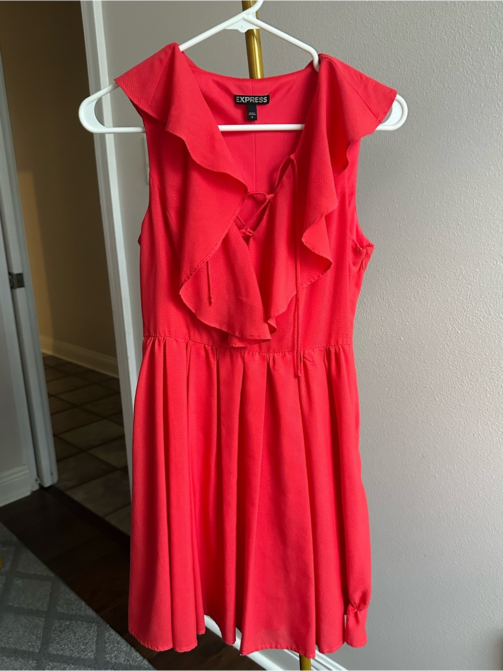 Express Coral Ruffle V-Neck Mini Dress